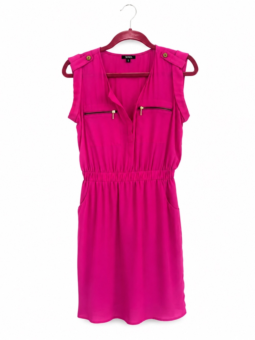 XOXO Hot Pink Sleeveless Shirt Dress with Gold Zippers